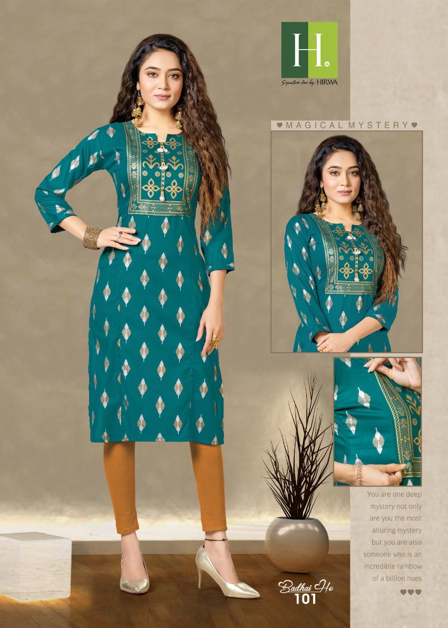 Hirwa Badhai Ho Rayon Regular Wear Rayon Designer Kurti Collection